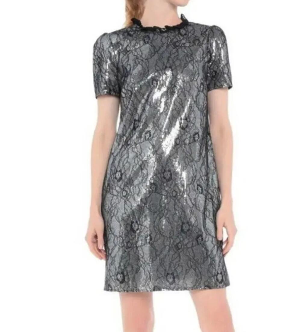 Michael Kors Silver Black Sequined Lace Shift Holiday Party Dress Size M